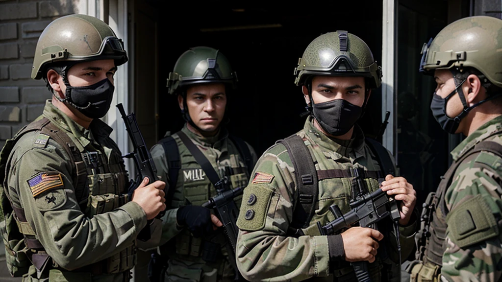 several people use militer army, helmet, mask, carrying guns pointed in one direction