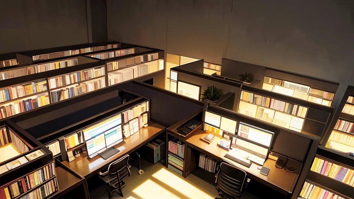 A narrow and dark study、The back wall is completely covered with bookshelves、There is one desk with a PC in the center.、No people