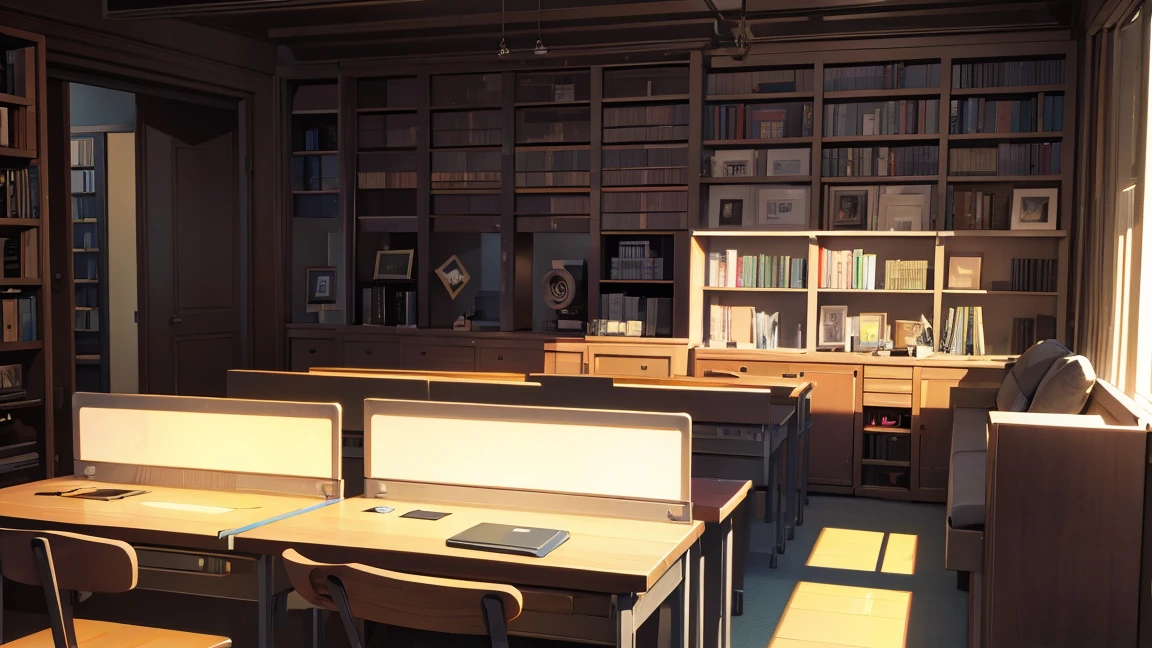 A narrow and dark study、The back wall is completely covered with bookshelves、There is one desk with a PC in the center.、No people