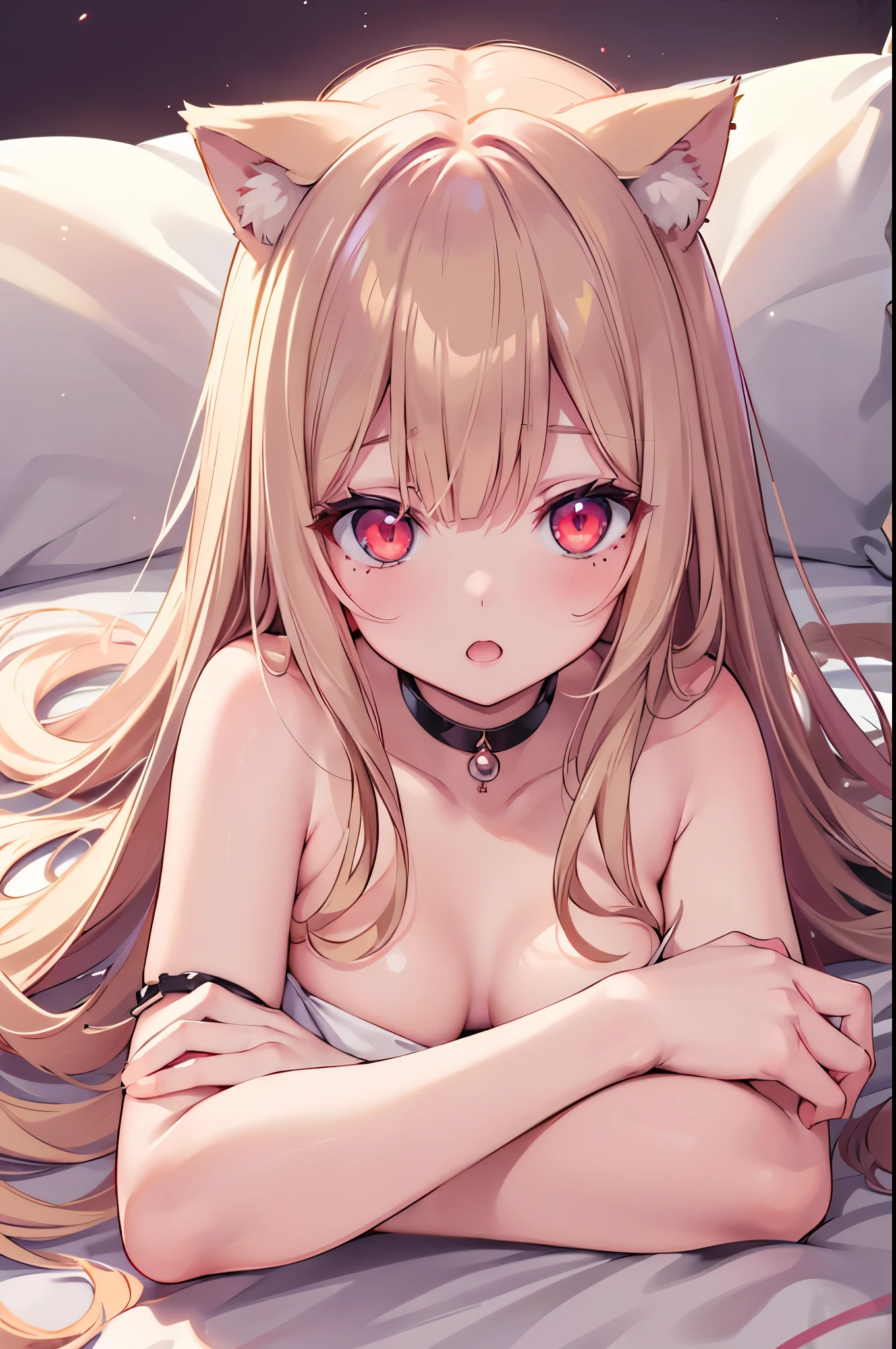 One girl、A little sexy、Blonde、Red sparkling eyes、detailed cute eyes,(glowing eyes:1.4),open mouth,((Droopy eyeole on left cheek Medium Curl Hair、Dog ears、Lying down、Golden Room、pearls choker,sensual pose,