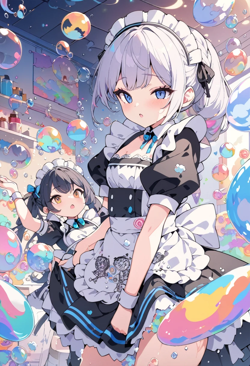 Momoko Sakura Style、8K quality、Intense watercolor, detailedな水彩アート, Watercolor splash, Surreal, Avant-garde pop art, Beautiful and expressive paintings, Beautiful artwork illustration, Very colorful tones, wonderful, Cool Beauty, Highest quality、Official Art, Vector art, Stylish design, (((The two most beautiful maid girls))), (((Highest quality))), High resolution, ((detailed)), (((Doodle Art)), ((masterpiece)), ((Super detailed)), (((Colorful soap bubbles))),(((Maid Fashion))),(((((Two Girls))))),((((()))))