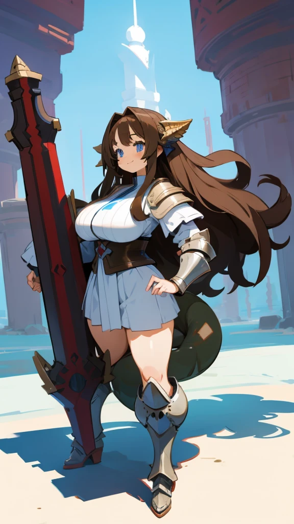 Anime, 1 girl, huge Brown hair, fluffy hairstyle, blue eyes, busty, gorgeous plumpy body, plump hips, heavy armored, Holding a gigantic weapon, she had dragon wings, she had a large tail, smiling