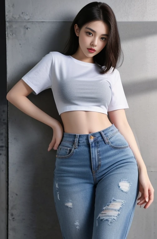 Close-up of woman in gray shirt and jeans, Wear a sexy crop top., wearing crop top, Wear a crop top.s, Photo of a thin young model, Wear simple, tight-fitting clothing., Thin waist and thick hips, Wear a crop top., Female model, 2 4 , With a torn cropped t-shirt, Thin waist, Thin waist, crop top