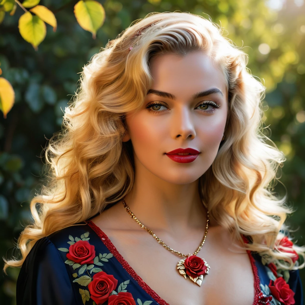 Create a highly detailed and realistic portrait of a young Jane Mansfield with long, wavy blonde hair adorned with red roses. She has striking, expressive eyes and a calm, composed expression. She is wearing a vintage-style outfit with a necklace featuring a pendant. The background is a soft-focus natural setting with warm, dappled sunlight filtering through the leaves, enhancing the serene and romantic atmosphere. The style should be hyper-realistic with a touch of romanticism. Photo Realistic photo, vibrant colors, 16k