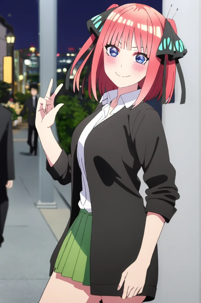((best quality)),((very detailed)),masterpiece,absurdities,detailed face,beautiful face,(detailed eyes, deep eyes), 1 girl,((dynamic pose)), boy, pink hair, blue eyes , butterfly hair ornament, black ribbon, skirt, hair ornament, shirt, bangs, ribbon, green skirt, white shirt, black cardigan, cardigan, open clothing, open cardigan, blunt bangs, hair ribbon, closure , breasts, pleated skirt, V-shaped eyebrows, short hair, pigtails, collared shirt, indoors, medium hair, blushing, alone, eyebrows hidden by hair, long sleeves, smiling with rosy cheeks, two sides up, large breasts , dress shirt, shiny hair, standing, shiny, looking at viewer, medium breasts, holding viewer's hand and walking through the city of Tokyo at night. romantic moment.