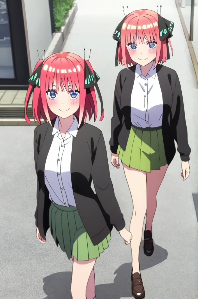 ((best quality)),((very detailed)),masterpiece,absurdities,detailed face,beautiful face,(detailed eyes, deep eyes), 1 girl,((dynamic pose)), boy, pink hair, blue eyes , butterfly hair ornament, black ribbon, skirt, hair ornament, shirt, bangs, ribbon, green skirt, white shirt, black cardigan, cardigan, open clothing, open cardigan, blunt bangs, hair ribbon, closure , breasts, pleated skirt, V-shaped eyebrows, short hair, pigtails, collared shirt, indoors, medium hair, blushing, alone, eyebrows hidden by hair, long sleeves, smiling with rosy cheeks, two sides up, large breasts , dress shirt, shiny hair, standing, shiny, looking at viewer, medium breasts, holding viewer's hand and walking through the city of Tokyo at night. romantic moment.