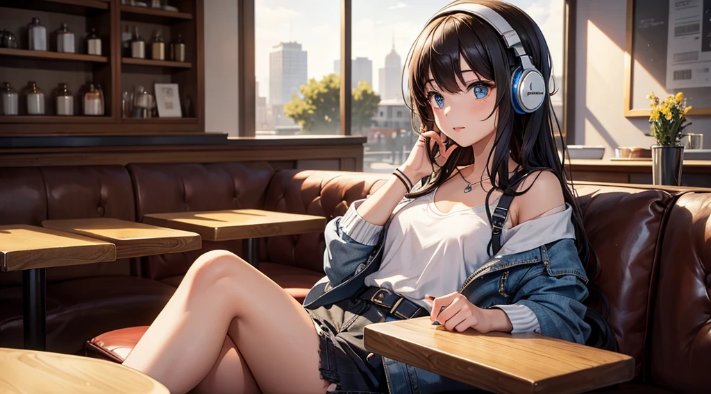 Girl with headphones enjoying music in a cafe　I am studying　Emphasize a little bit of the chest