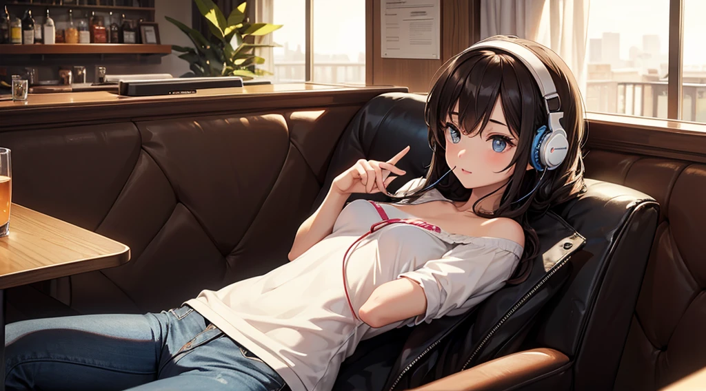 Girl with headphones enjoying music in a cafe I am studying Emphasize a little bit of the chest
