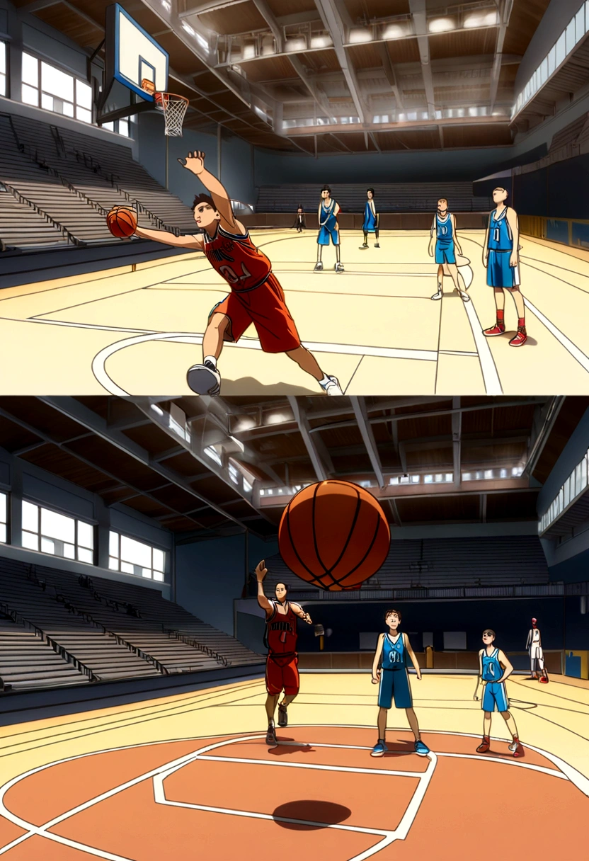 there is a basketball hoop with a basketball on it and a basketball ball hanging from the hoop, basketball, from then on a basketball, Dunk, Animation stills, Emiliano Ponzi, playing basketball, inspired Emiliano Ponzi, スラムDunk, scence of スラムDunk, Opening shot, Animated film stills, Poster, Airshot, Line art