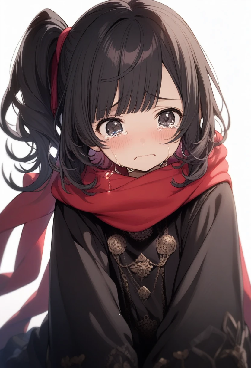 1girl momose \(oqo\), official art, sitting, crying, tears streaming, black coat, red scarf, black hair, side_ponytail, (very aesthetic, best quality, ultra detailed), intricate details, highres, white background