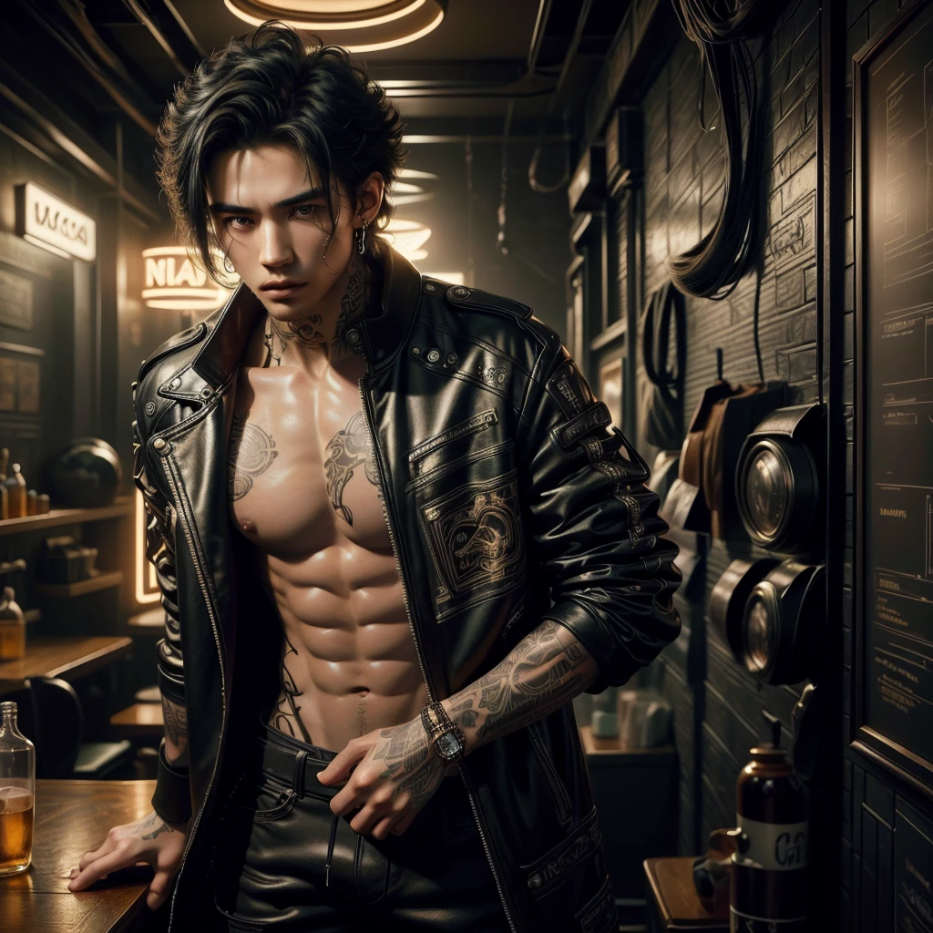 Only a one young man with curly black hair and tanned skin playing a guitar, his muscular body covered in tattoos, dressed in a black trenchcoat, standing in a dimly lit bar, (best quality,4k,8k,highres,masterpiece:1.2),ultra-detailed,(realistic,photorealistic,photo-realistic:1.37),,full body shot, golden earrings, deformed face, chiaroscuro lighting,intricate details,exquisite textures,portraits