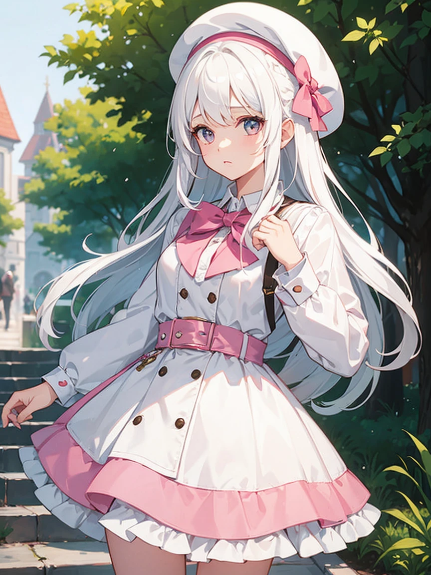 A girl, white hair, wearing pink beret.