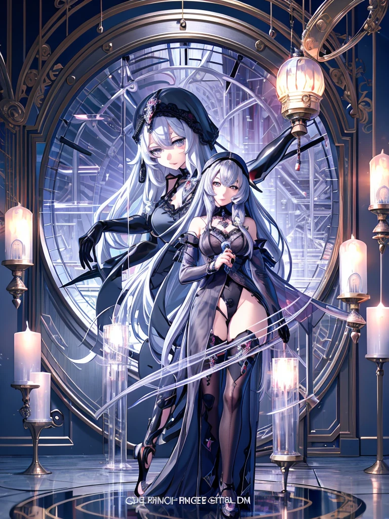 anime girl with long gray hair wearing a black dress and a clock, detailed digital anime art, 8k high quality detailed art, detailed portrait of anime girl, 4k highly detailed digital art, artwork in the style of guweiz, gothic maiden anime girl, advanced digital anime art, smooth anime cg art, beautiful anime portrait, portrait anime girl