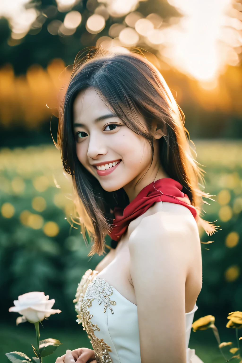 Vista, Panorama, Perspective, Depth of Field, Bust, full Body, Cinematic Angle, Masterpiece, Best Quality, Ultra Detailed, CG, 8K Wallpaper, Beautiful Face, Delicate Eyes, A Maiden, Solo, Smile, Silver Hair, Golden Eyes, Fair Skin, Hair Strands, Red Scarf, White Evening Dress, Rose Field, Red Flowers, Roses, Flower Field, Petals, Flying Petals, Smiling