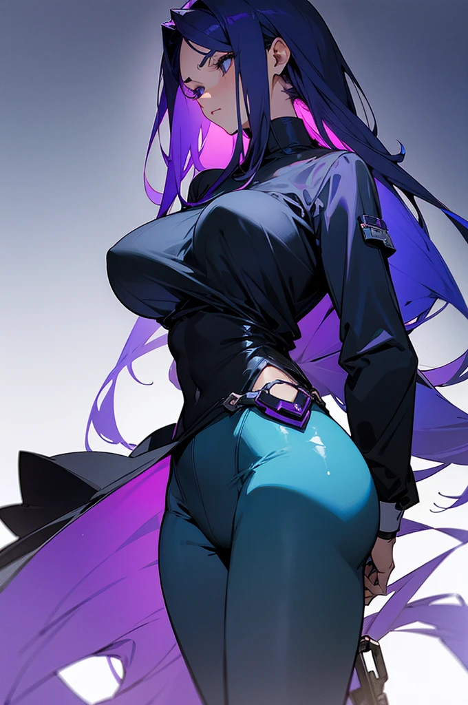 Girl with a slightly larger body, with large , long hair in blue and purple tones separated into locks, serious and serene face, wearing casual and stylish clothes in dark tones
