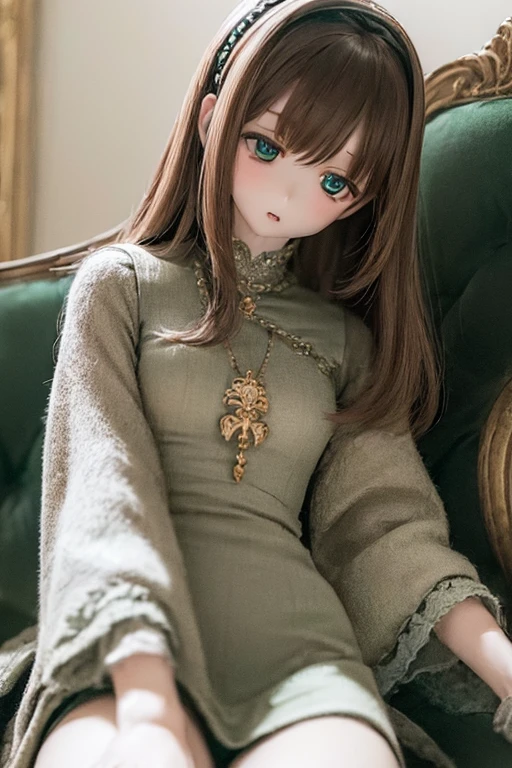(SFW:2), photorealistic, realistic photo, ((highest quality)), ((masterpiece)), kukolnydom, doll, (mature woman:1.6), solo, ((eye level shot, sitting on sofa, reclining on sofa, skinny, slender, slim, brown hair, parted lips)), hairband, detailed face, green eyes, (looking down:1.3), (eyes out of focus, emotionless eyes, blank stare, empty eyes, detailed eyes, detailed face), dress, castle, 8k
