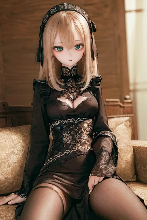 (SFW:2), photorealistic, realistic photo, ((highest quality)), ((masterpiece)), kukolnydom, doll, (mature woman:1.6), solo, ((eye level shot, sitting on sofa, reclining on sofa, skinny, slender, slim, brown hair, parted lips)), hairband, detailed face, green eyes, (looking down:1.3), (eyes out of focus, emotionless eyes, blank stare, empty eyes, detailed eyes, detailed face), dress, castle, 8k