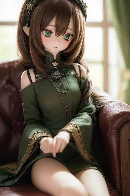 photorealistic, realistic photo, ((highest quality)), ((masterpiece)), kukolnydom, doll, (mature woman:1.6), solo, ((eye level shot, sitting on sofa, reclining on sofa, skinny, slender, slim, brown hair, parted lips)), detailed face, green eyes, (looking at another:1.3), (eyes out of focus, emotionless eyes, blank stare, empty eyes, detailed eyes), dress, castle, 8k