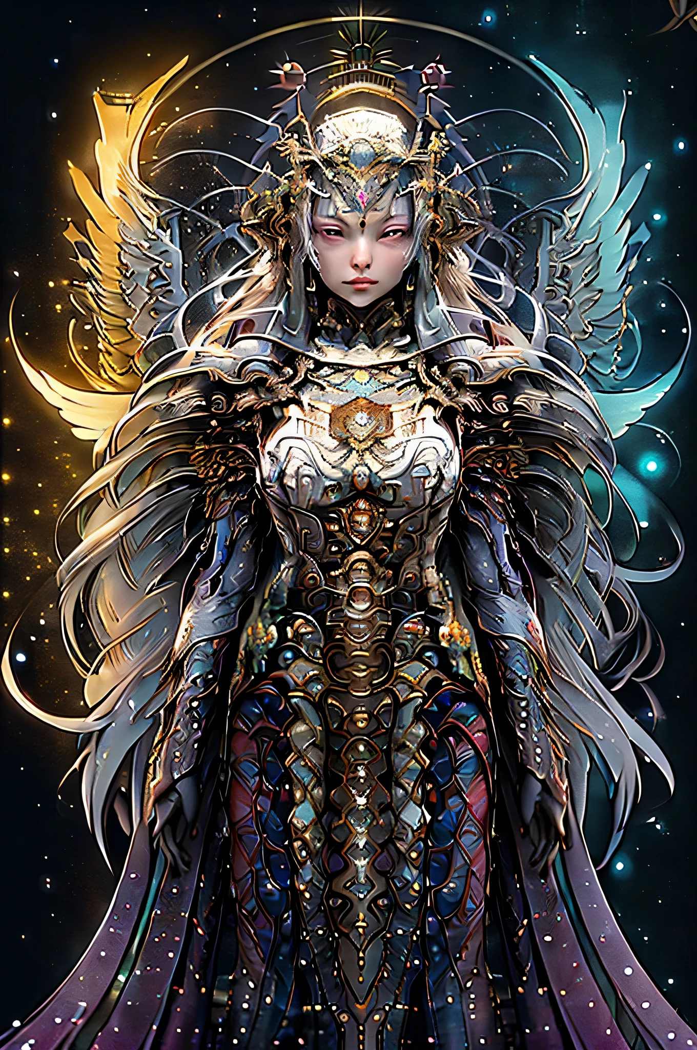 (high quality,realistic,UHD,masterpiece:1.2),extraterrestrial creature,Arcturian,realistic depiction,highly detailed (Arcturian face,Arcturian body,exquisite features),vibrant colors,galaxy background,metatron mandala,detailed mandala design