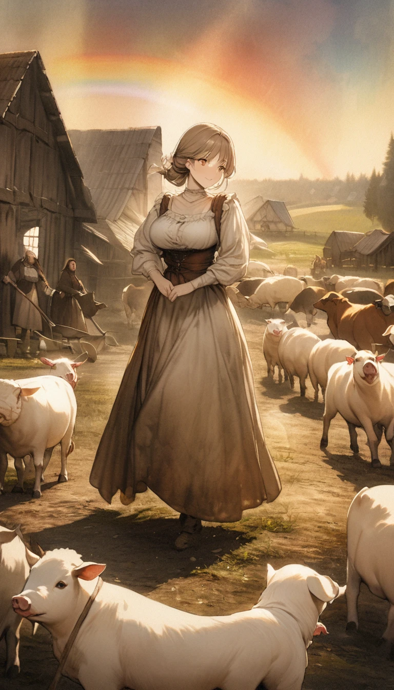 best quality, super fine, 16k, 2.5D, delicate and dynamic depiction, huge beautiful fireworks shining in rainbow colors, BREAK, sepia tones, medieval European peasant women, fields, hoes, cows, sheep, pig, chicken, dog, livestock, sheds, prime lenses, lens filters, clear subject, fusion of watercolors and oil paintings, fusion of paper cutting and shadow puppetry