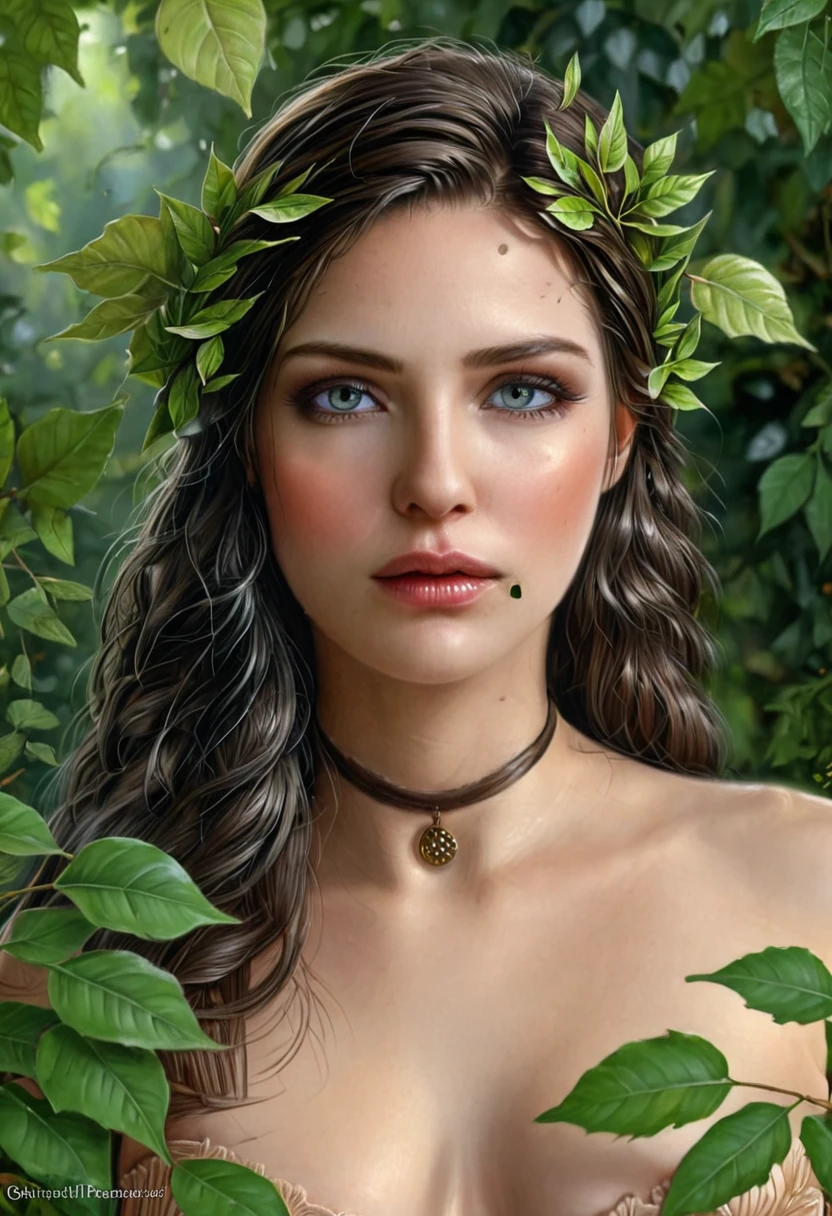 RAW photo of a woman with green eyes, bare breasts, small and subtly drooping, among the foliage, some leaves frame her beautiful face, leaf on the head, detailed realistic painting, detailed painting 4k, detailed painting in 4k, hyperrealistic digital painting, hyperrealism concept art, realistic detailed painting, highly detailed painting, ultra realistic digital painting, detailed realism painting, photorealistic digital painting, ultrarealistic illustration, ultra detailed digital painting