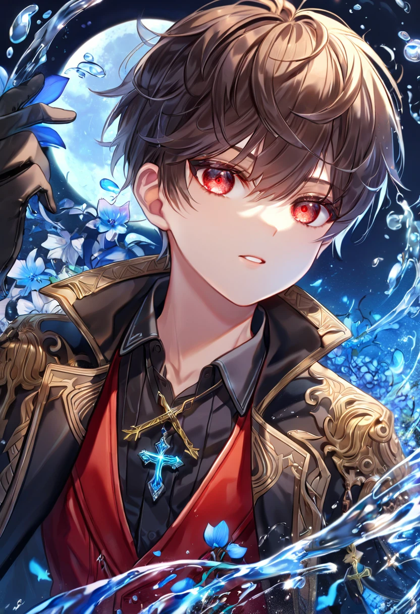 absurdres, highres, ultra detailed, HDR, master piece, Elian, dark brown hair, expressive red eyes, cross neckle, red vest, Demon Fantasy, sexy man, handsome, best quality, blue moon, flowers, fantasy, magical, solo, black coat, water, blue shining fireflies, hunter, black gloves, black shirt, blue petals, 