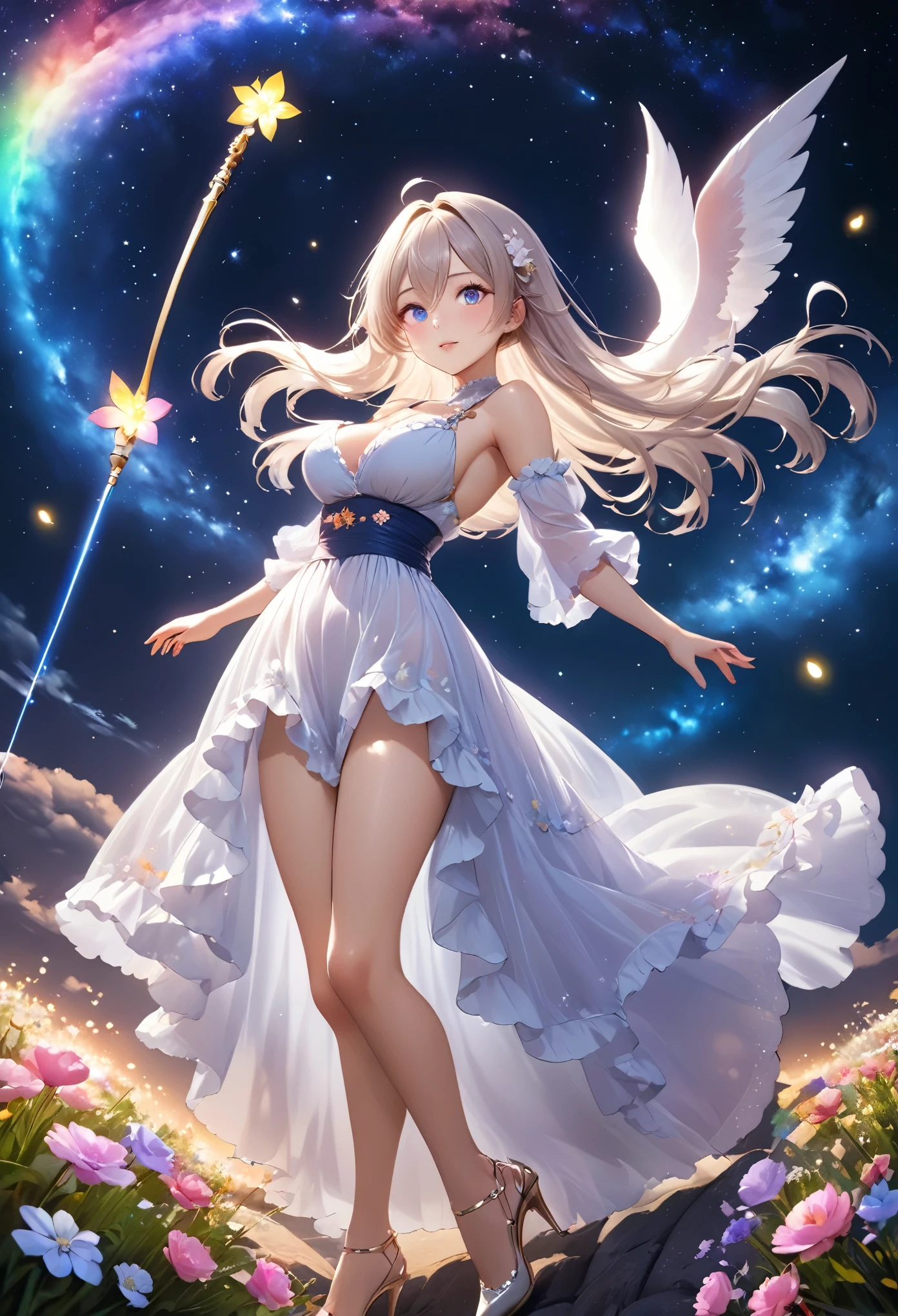 Highest quality, Super quality, 16K, Incredibly absurd, Very detailed, 2.5D, delicate and dynamic, Small faint lights and flying fireflies, night, Starry Sky, milky way, nebula, shooting star, Flowers, birds, wind and moon,erotic, sole sexy lady, healthy shaped body, 22 years old lady, White Devil Guide, 170cm tall, huge firm bouncing busts, Delicate eye depiction, Colorful magic wand, A long dress with a complex structure, A colorful long dress, frilly see-through long dress