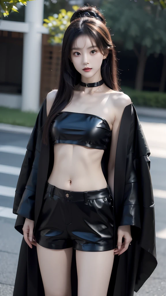 Japanese girl wearing a long black robe jacket wearing a black crop top wearing black trousers wearing black shoes while showing off her slim stomach showing her navel, wearing a black leather choker necklace, long black hair, (masterpiece) (8k) (full resolution)