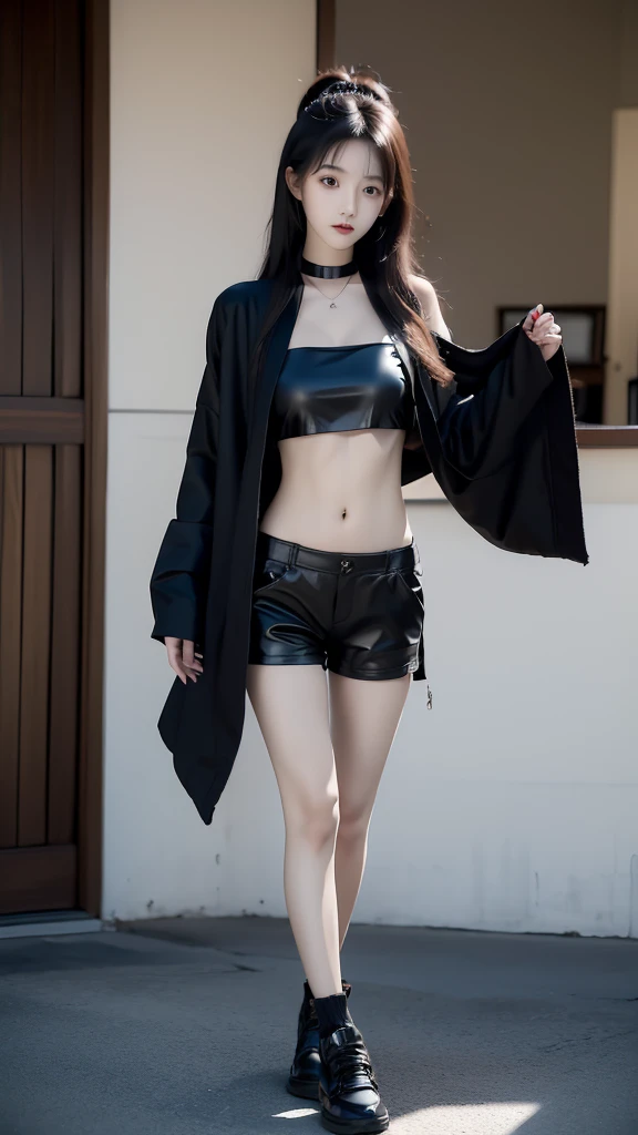 Japanese girl wearing a long black robe jacket wearing a black crop top wearing black trousers wearing black shoes while showing off her slim stomach showing her navel, wearing a black leather choker necklace, long black hair, (masterpiece) (8k) (full resolution)