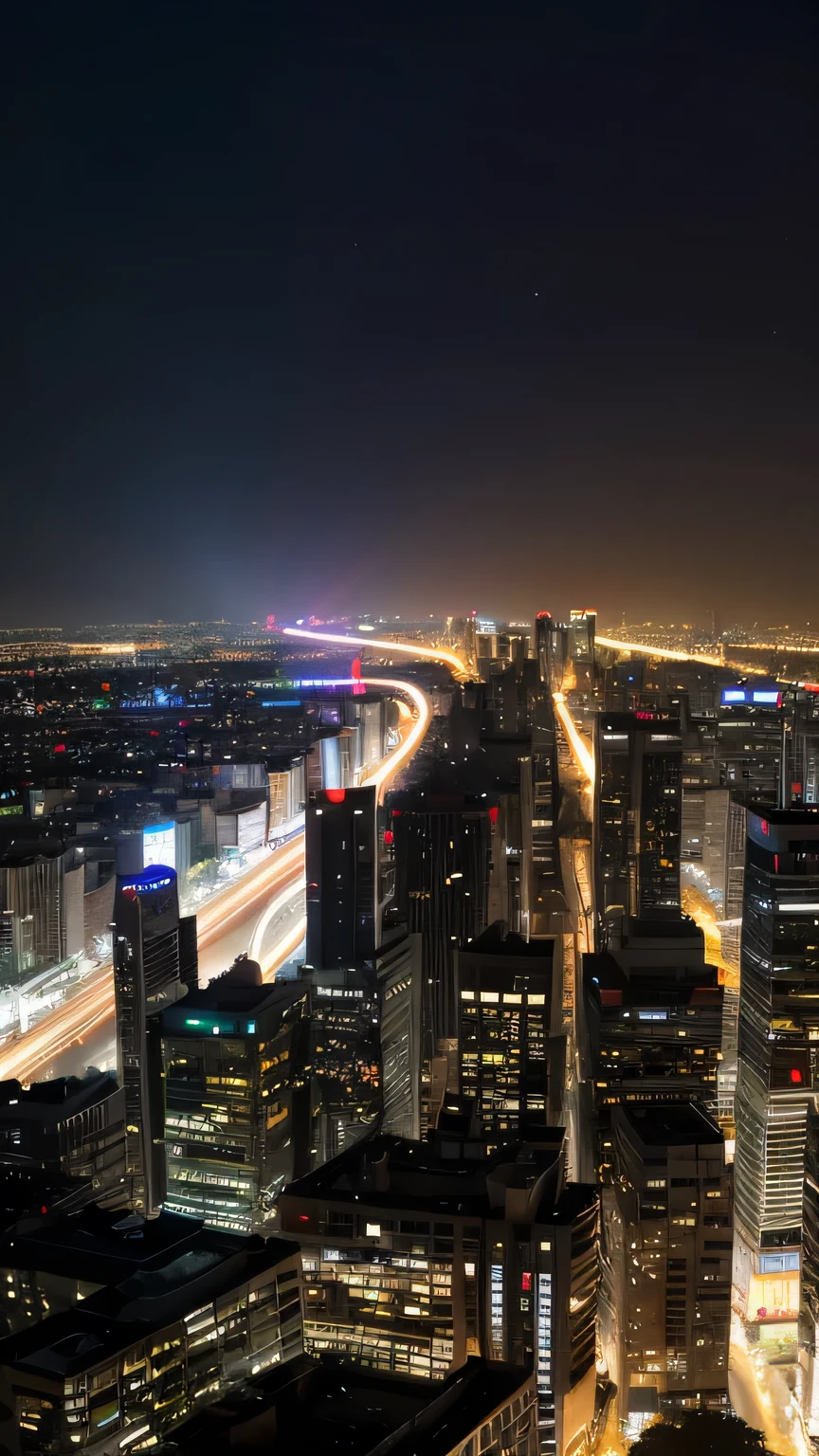 arafed view of a Night city with a lot of lights, Cityscape shot from drone, Flat view of the city, Flat view of cyberpunk city, Busy city landscape, A frontal view of a megacity street, Head-up view of the city, beautiful city of the future, Brightly lit building, Night city, City night visual effects