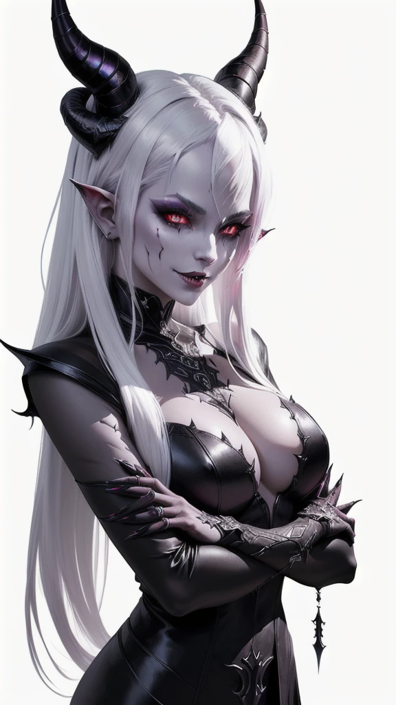 a demon with horns and white hair is posing for a picture, succubus, a demonic skin, Nectrotic skin, Burnt skin, female demon, hyperdetailed fantasy character, dark demon succubus, portrait of an demon queen, demon princess, of an elden ring demon, demon character with smirk, demon, demon queen, complex fantasy character, portrait of demon royalty