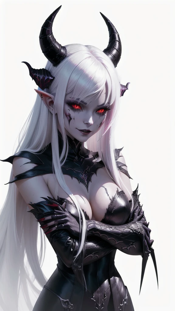 a demon with horns and white hair is posing for a picture, succubus, a demonic skin, Nectrotic skin, Burnt skin, female demon, hyperdetailed fantasy character, dark demon succubus, portrait of an demon queen, demon princess, of an elden ring demon, demon character with smirk, demon, demon queen, complex fantasy character, portrait of demon royalty