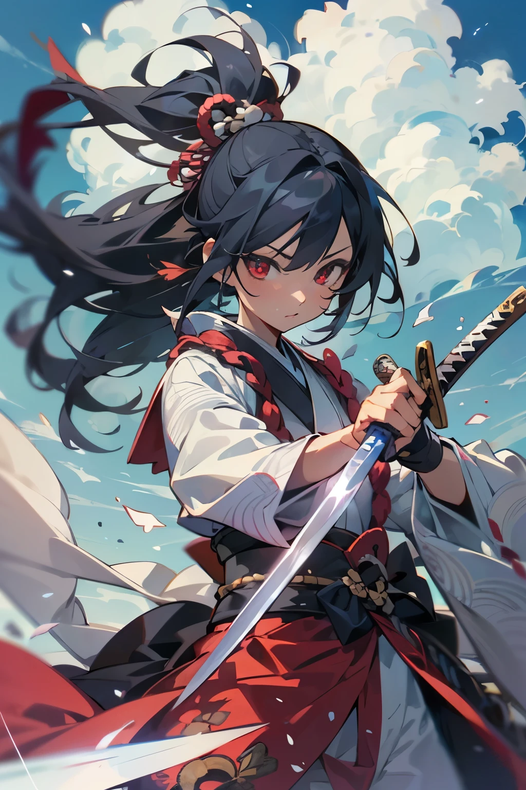 (Anime character wearing a dress with Japanese armor),( has a sword in his left arm), One Girl, (Female anime samurai warrior fighting with sword on blue background with clouds),(Deep scarlet eyes), alone,kimono. ponytail, (kimono),Have a weapon, ((Holding a samurai sword)), Long black hair, Red ribbon,(Dynamic Action)