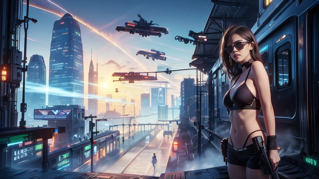 (((a medium- bikini slim GIRL with black (micro) sunglasses))), (((((aiming at viewer with a pistol))))), a balcony of a futuristic building, aerial view of an ultra-futuristic megalopolis, metal buildings and houses in dark colors from dark blue to black, shades of metal gray, smoky metal structures, industrial environment with smoke and fog around, dark cars on the streets, desert megalopolis, modern metal rails and trains passing through, tall futuristic metal buildings, ultra modern buildings, (((((railway station))))), realistic, detailed, sci-fi.