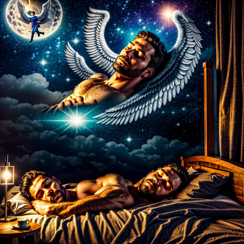 a man sleeping in his bed, with an angel watching him, it's night, high details, and textures in the image, hyper detailed, vibrant colors