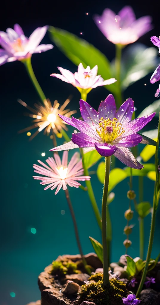 crystal spring flowers, fantasy, galaxy, transparent, sparkling, sparkling的, brilliant, rich and colorful, amazing photography, dramatic lighting, photorealism, Super detailed, 4k, depth of field, high resolution