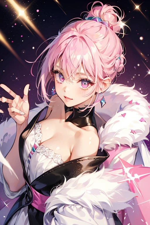 She has white fur, and pink glittery hair in a bun with bangs. Her eyes are black.  SPARKLE; GLITTER