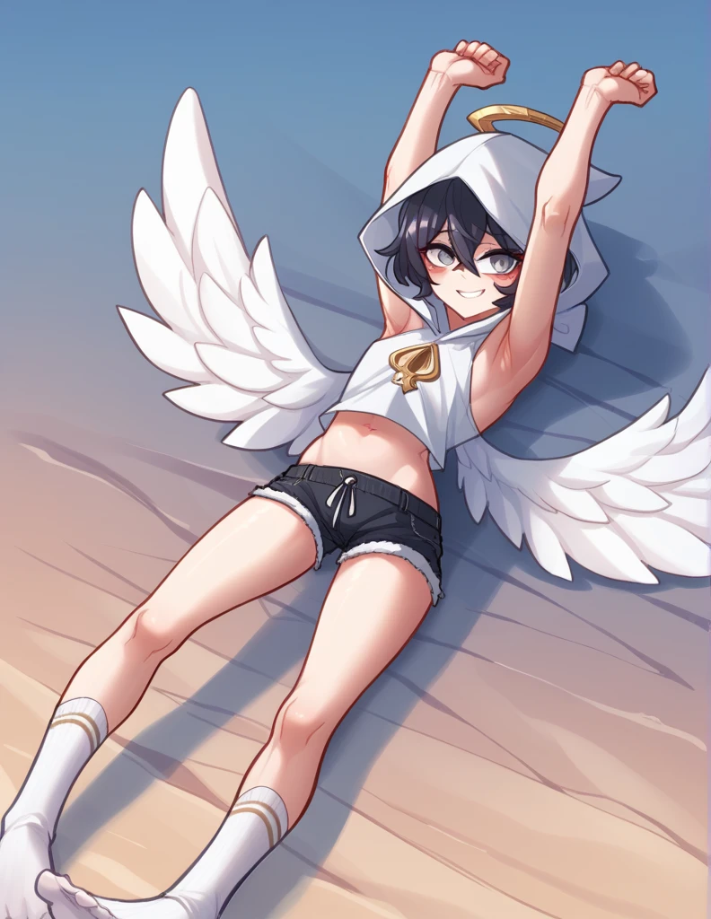 1 girl, alone, ppka, black fur, short hair, messy fur, Ahoge, parts, parts por todo el cuerpo, grey eyes, blind, embarrassed smile, looking at the viewer, 
fitted mini shorts, Minishort blanco short blancos, huge hood, white hood, white sleeve on the arms, wings on the back, huge wings on the back, White wings, Angel wings, huge sock on right foot, white pants, 
exposed shoulders, exposed abdomen, exposed thighs, exposed feet, Exposed navel, left leg exposed, exposed back,
Genshin Impact Barbatos Costume (Barbatos), Dios anemo,
Lying in the clouds, sky, stretching your arms