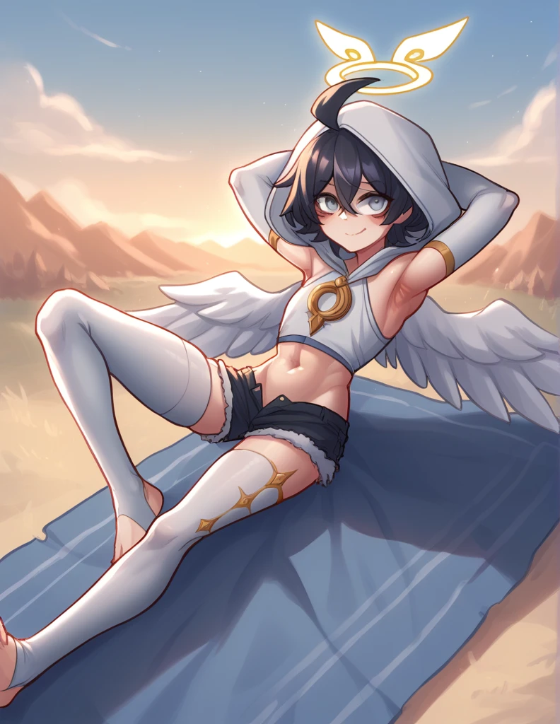 1 girl, alone, ppka, black fur, short hair, messy fur, Ahoge, parts, parts por todo el cuerpo, grey eyes, blind, embarrassed smile, looking at the viewer, 
fitted mini shorts, Minishort blanco short blancos, huge hood, white hood, white sleeve on the arms, wings on the back, huge wings on the back, White wings, Angel wings, huge sock on right foot, white pants, 
exposed shoulders, exposed abdomen, exposed thighs, exposed feet, Exposed navel, left leg exposed, exposed back,
Genshin Impact Barbatos Costume (Barbatos), Dios anemo,
Lying in the clouds, sky, stretching your arms