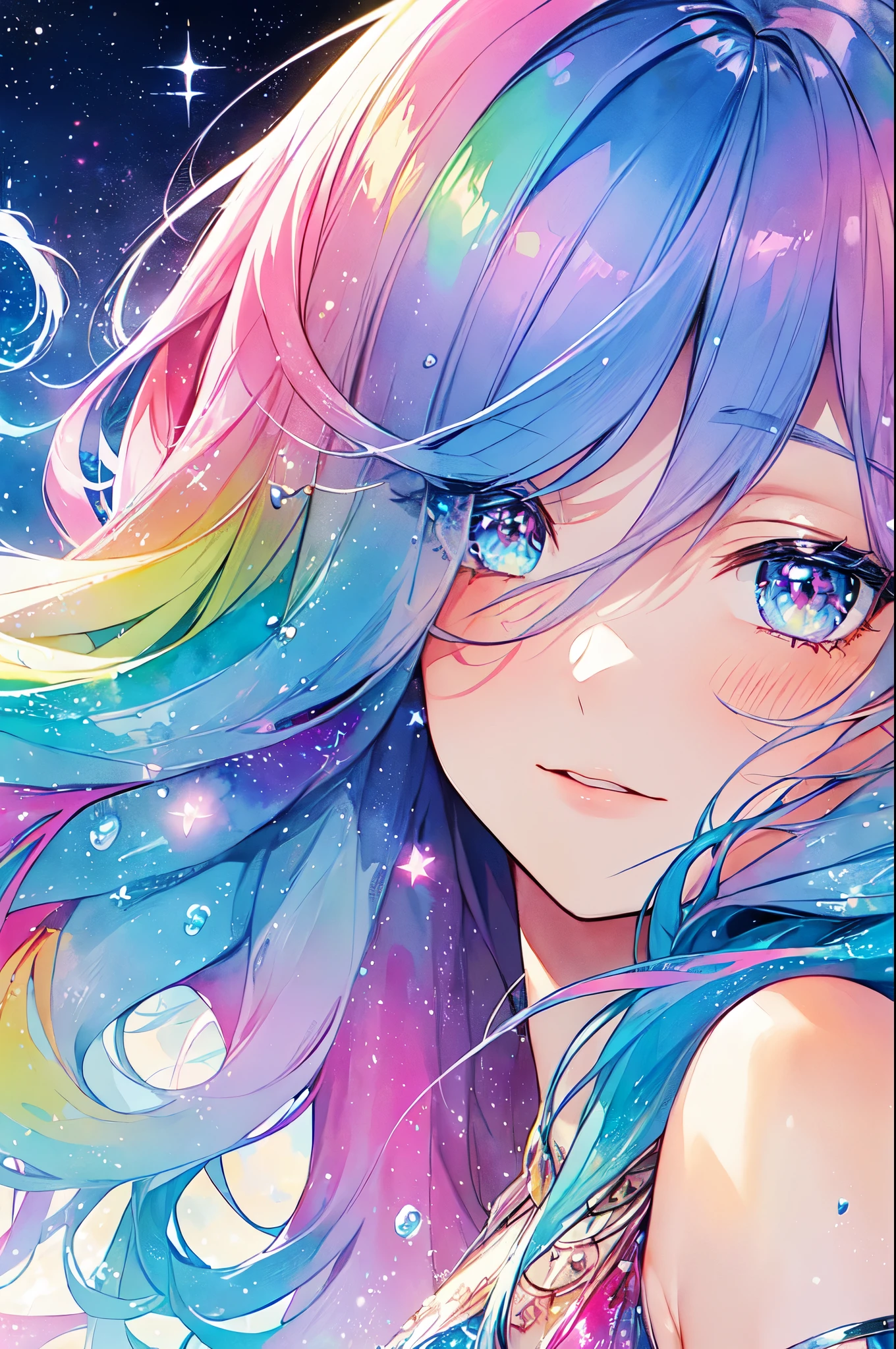 (masterpiece, Highest quality, Highest quality,watercolor (Moderate),Official Art, beautifully、beautiful:1.2),(1 Girl:1.3), (Fractal Art:1.3),Upper Body, From the side, Looking at the audience,pattern,(Rainbow Hair,colorful hair,Half blue、Half pink hair:1.2),water,liquid, cloud,colorful, Starry Sky,performer,