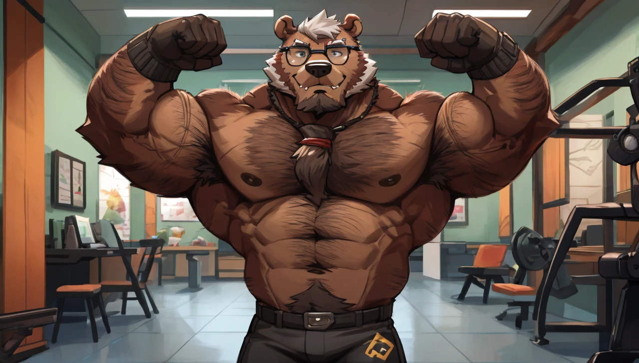 solo, 1boy, Huge Muscular Old bear wearing glasses, brown fur, hairy pectoral, huge pectoral, wide pectoral, short white hair, short pants and shirtless, bearded, mustache, simple background, masterpiece, high detailed, 8k, high resolution