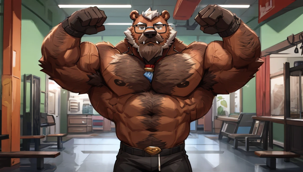 solo, 1boy, Huge Muscular Old bear wearing glasses, brown fur, hairy pectoral, huge pectoral, wide pectoral, short white hair, short pants and shirtless, bearded, mustache, simple background, masterpiece, high detailed, 8k, high resolution