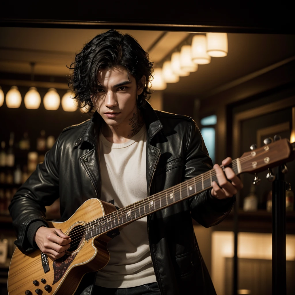 Only a one young man with curly black hair and tanned skin playing a guitar, his muscular body covered in tattoos, dressed in a black trenchcoat, standing in a dimly lit bar, (best quality,4k,8k,highres,masterpiece:1.2),ultra-detailed,(realistic,photorealistic,photo-realistic:1.37),,full body shot, golden earrings, deformed face, chiaroscuro lighting,intricate details,exquisite textures,portraits