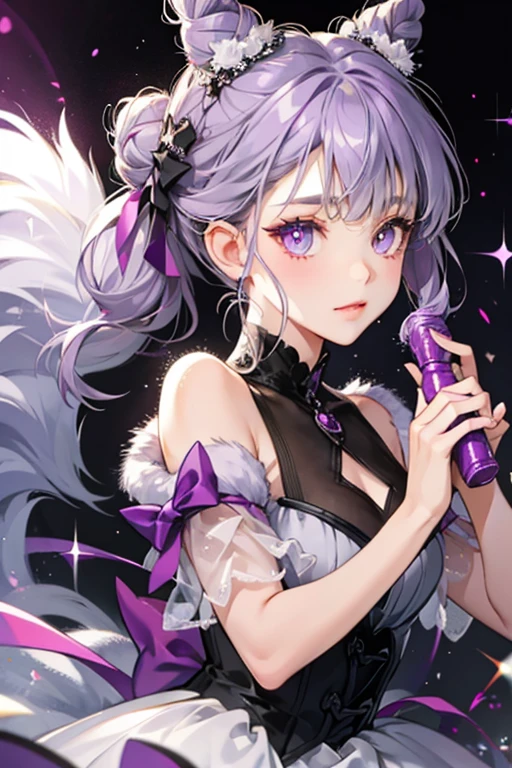 She has grey fur, and purple glittery hair in a bow bun with bangs. Her eyes are black. SPARKLE; GLITTER