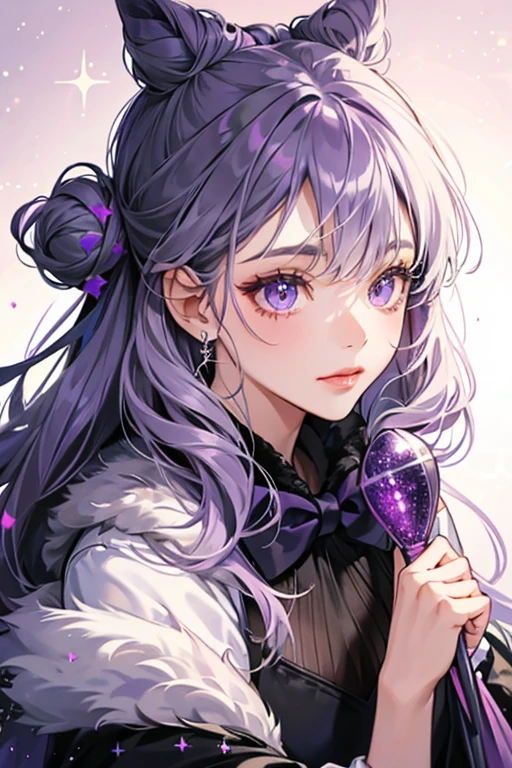 She has grey fur, and purple glittery hair in a bow bun with bangs. Her eyes are black. SPARKLE; GLITTER