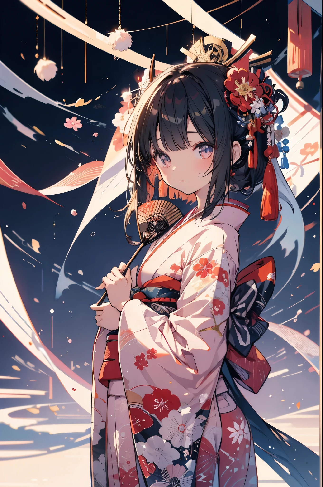 One Girl, Japanese, kimono, Holding a folding fan, good, Beautiful poop, delicate, cute, Black-haired, Narrow eyes, ((Head to waist)), masterpiece, Highest quality, Ultra HD