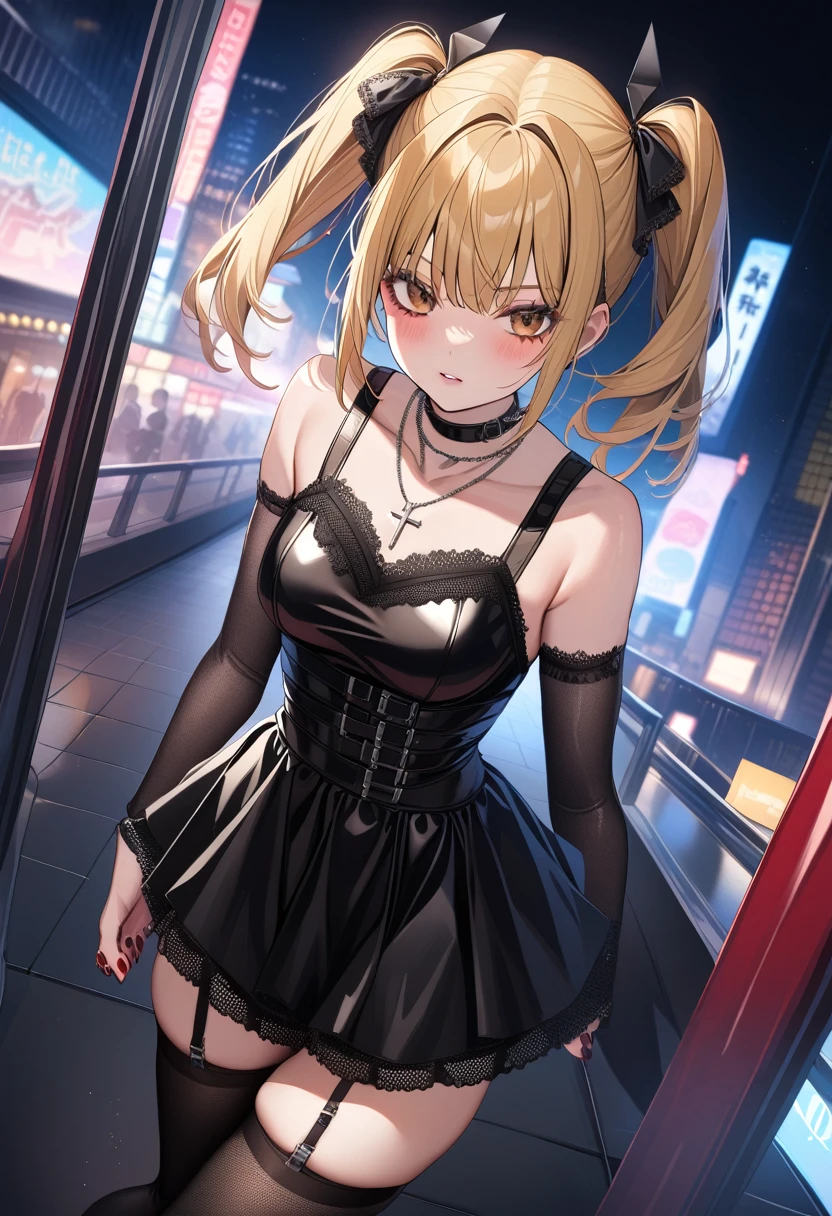 1girl,solo,amane misa, death note,super detailed skin,shiny skin,natural face,blonde hair,twintails,Goth,punk, thighhighs, dress, jewelry, collarbone, boots, detached sleeves, choker, black thighhighs, necklace, black footwear, black dress, sleeveless dress, garter straps, black choker, short dress, floral print, cross, red nails, cross necklace,,medium breasts,night city,dynamic angle,masterpiece,best quality,ultra detailed,high resolution,sharp focus,depth of field,