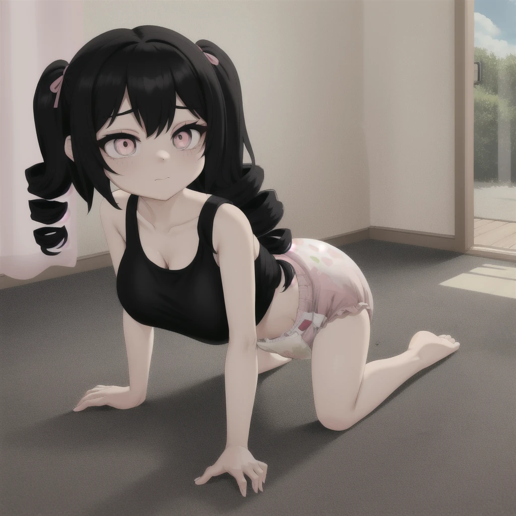black hair, female, twin drills, solo, smol, pink eyes, massive breasts, oppai , very long hair, wear open cut black tight tank top and massive diaper, crawl on all fours inside room, masterpiece, ultra high quality