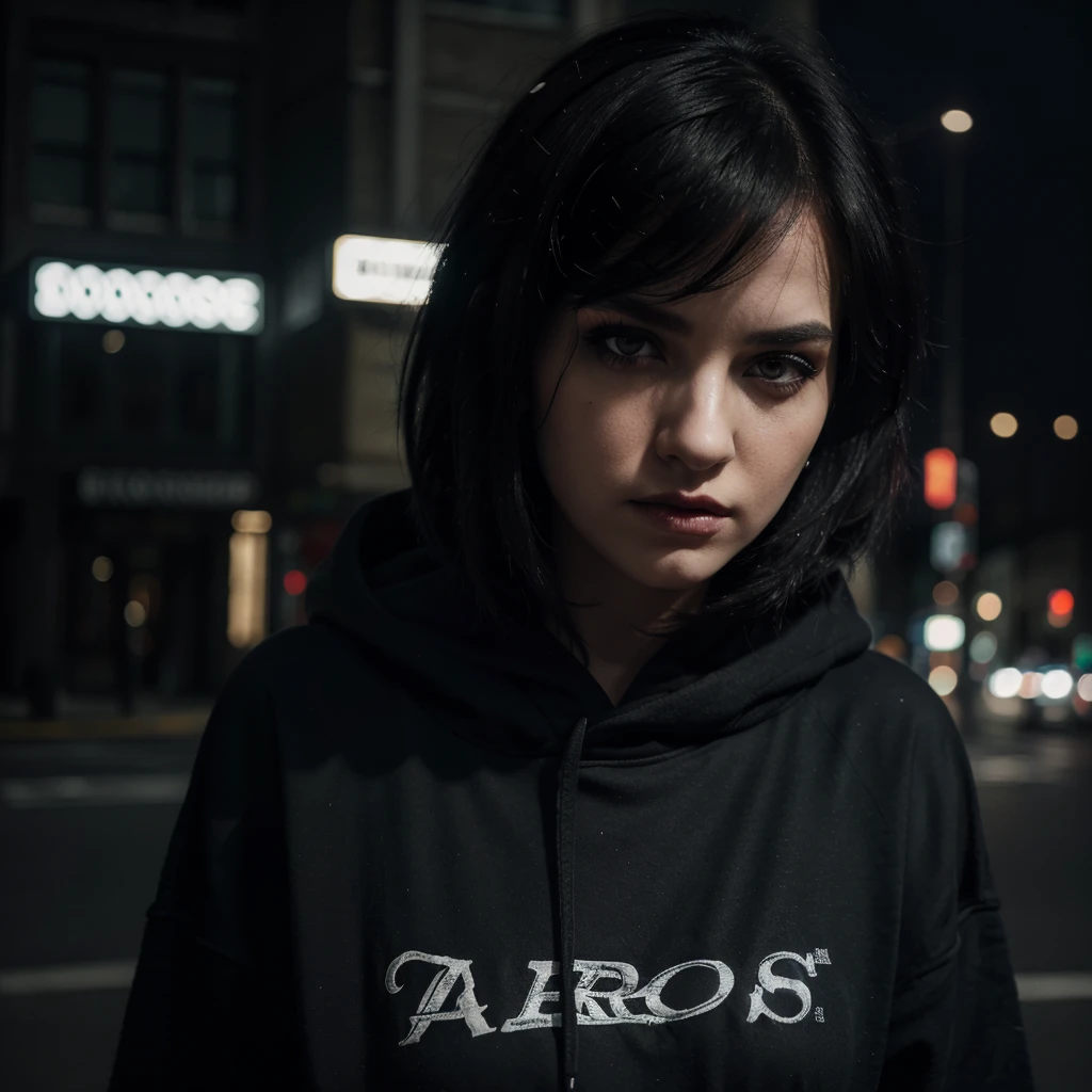 girl with short black hair, pale skin, emo style, selfie photo at night in city, (best quality,4k,8k,highres,masterpiece:1.2),ultra-detailed,(realistic,photorealistic,photo-realistic:1.37),portrait,city background, moody lighting, neon lights, dramatic shadows, gloomy atmosphere, piercing,nose ring,black makeup,messy hair,oversized hoodie,dark lipstick,brooding expression