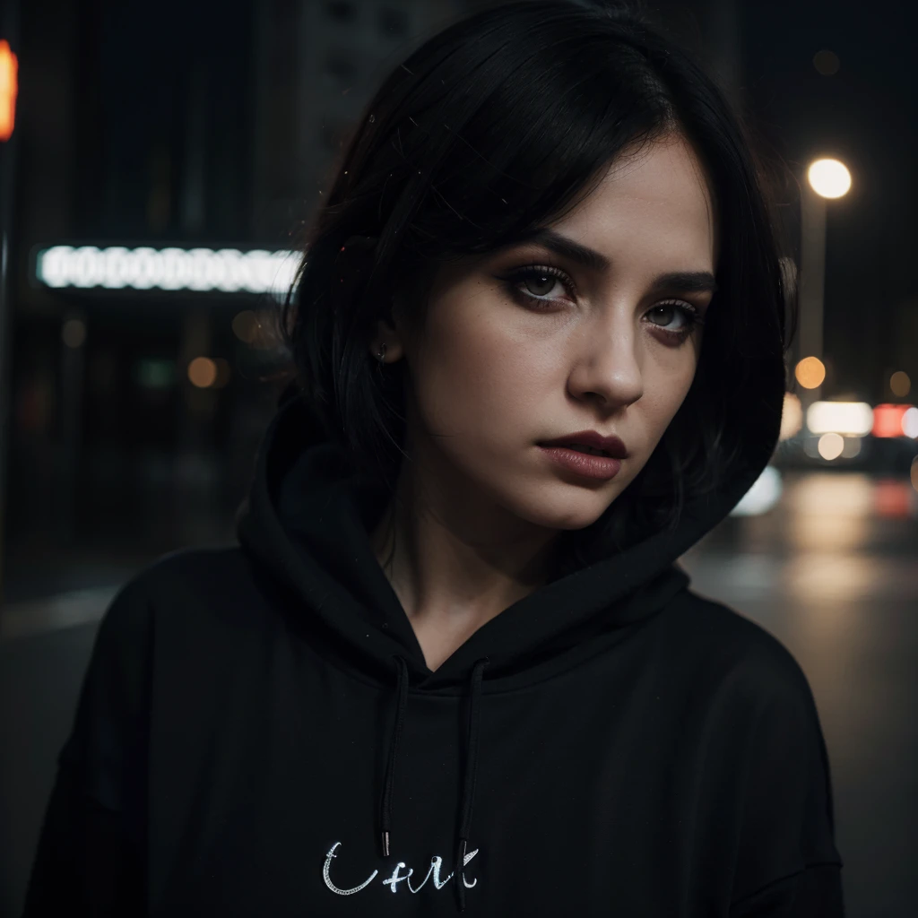 girl with short black hair, pale skin, emo style, selfie photo at night in city, (best quality,4k,8k,highres,masterpiece:1.2),ultra-detailed,(realistic,photorealistic,photo-realistic:1.37),portrait,city background, moody lighting, neon lights, dramatic shadows, gloomy atmosphere, piercing,nose ring,black makeup,messy hair,oversized hoodie,dark lipstick,brooding expression